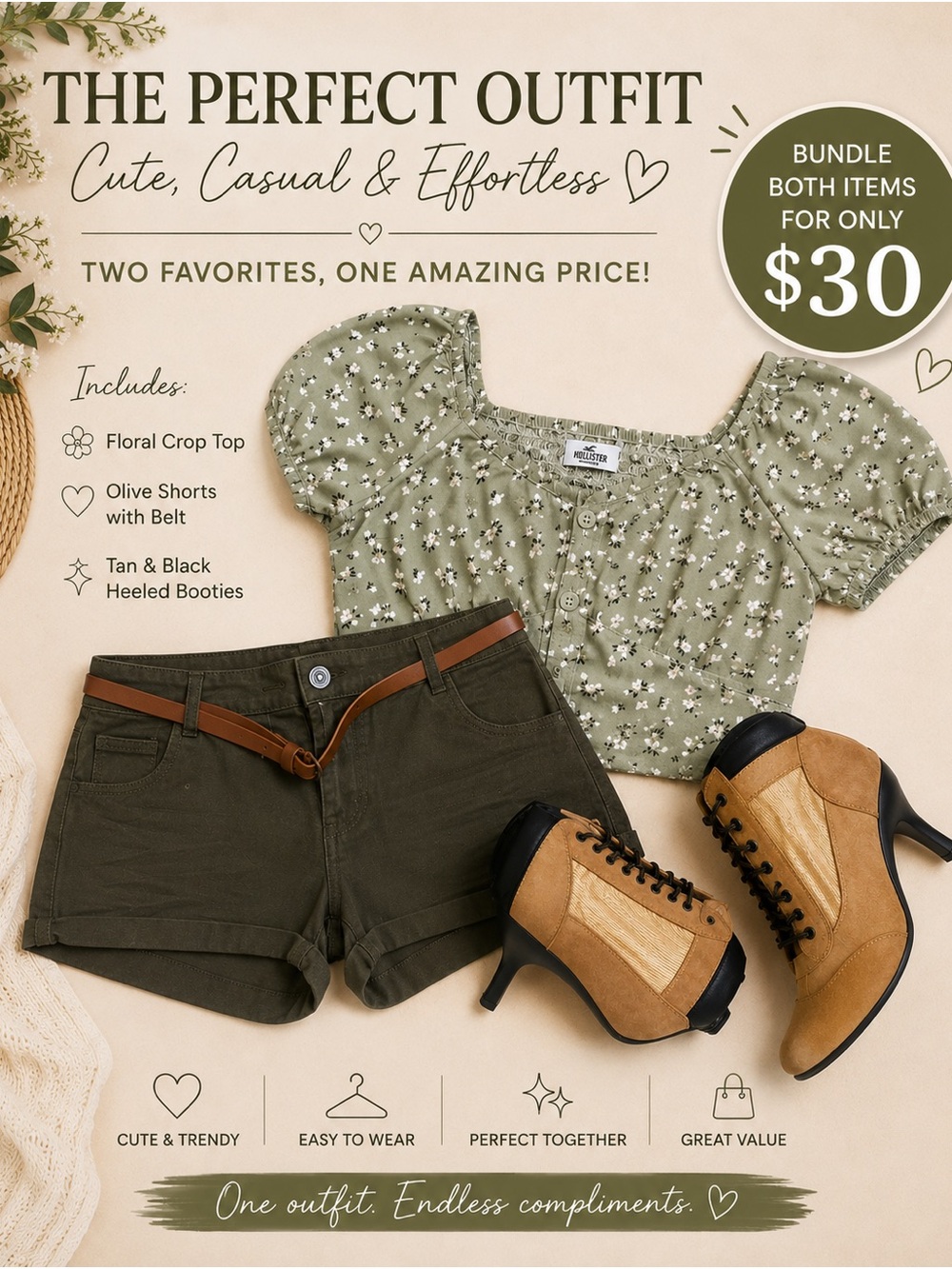 Floral Puff-Sleeve Crop Top - Olive